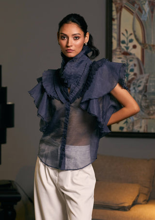 Navy Blue Victorian Cascade Shirt by Siddartha Tytler, available on Indiaspopup.com