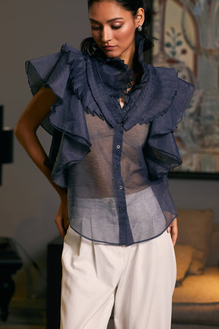 Navy Blue Victorian Cascade Shirt by Siddartha Tytler, available on Indiaspopup.com