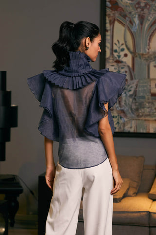 Navy Blue Victorian Cascade Shirt by Siddartha Tytler, available on Indiaspopup.com