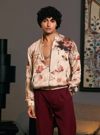 Bumble Bee Satin Printed Bomber Jacket by Siddartha Tytler Men, available on Indiaspopup.com