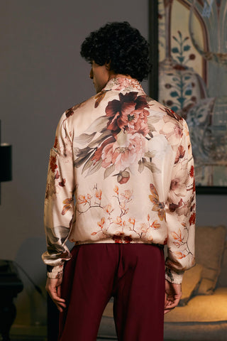 Bumble Bee Satin Printed Bomber Jacket by Siddartha Tytler Men, available on Indiaspopup.com