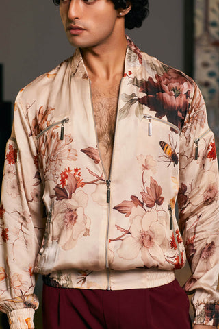 Bumble Bee Satin Printed Bomber Jacket by Siddartha Tytler Men, available on Indiaspopup.com