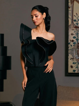 Black One Shoulder Structural Corset by Siddartha Tytler, available on Indiaspopup.com