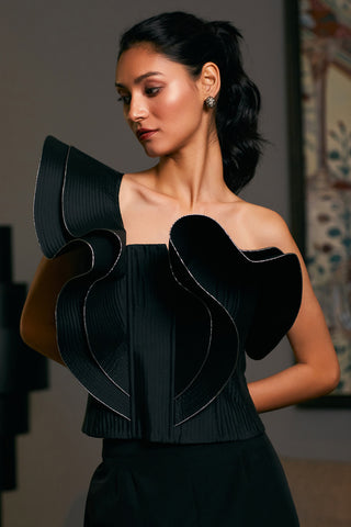 Black One Shoulder Structural Corset by Siddartha Tytler, available on Indiaspopup.com