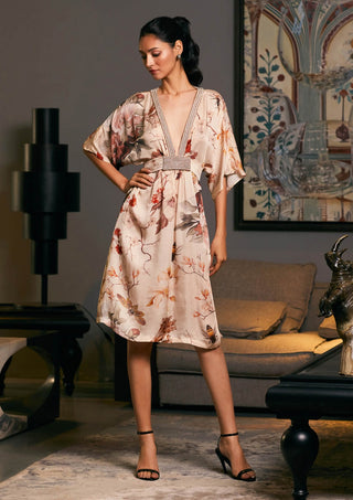 Goe Satin Printed Belted Kaftan Dress by Siddartha Tytler, available on Indiaspopup.com