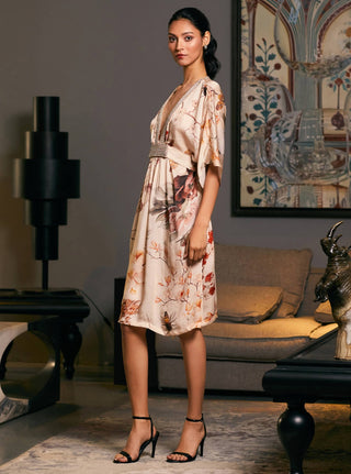 Goe Satin Printed Belted Kaftan Dress by Siddartha Tytler, available on Indiaspopup.com