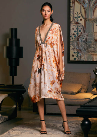 Beige Printed Belted Kaftan Dress by Siddartha Tytler, available on Indiaspopup.com