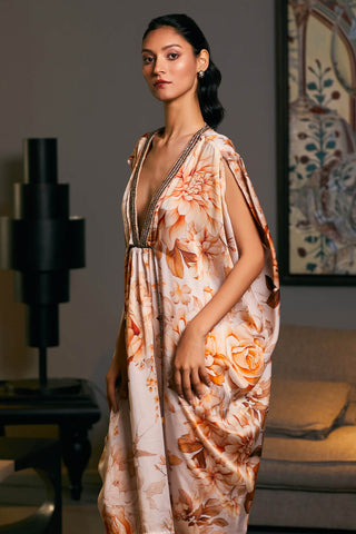 Beige Printed Belted Kaftan Dress by Siddartha Tytler, available on Indiaspopup.com