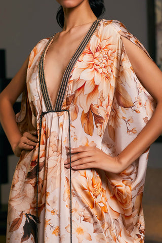 Beige Printed Belted Kaftan Dress by Siddartha Tytler, available on Indiaspopup.com