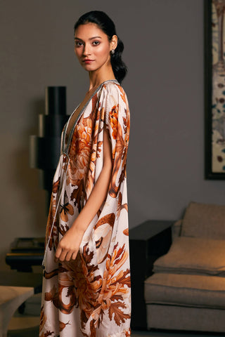 Moth Satin Belted Kaftan Dress by Siddartha Tytler, available on Indiaspopup.com