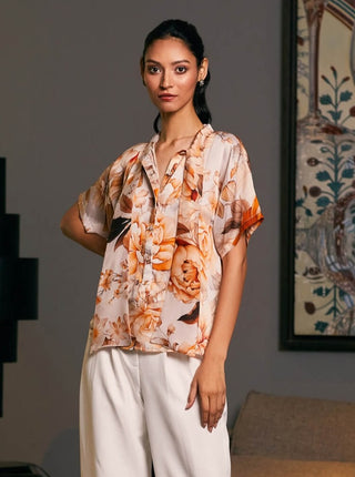 Moth Bamberg Satin Printed Top by Siddartha Tytler, available on Indiaspopup.com