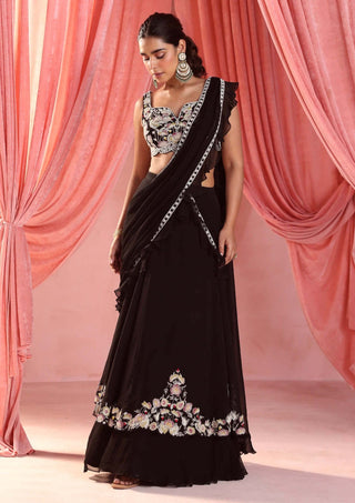 Seema Thukral-Nataliya Black Stitched Lehenga Sari Set-INDIASPOPUP.COM
