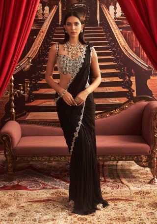 Shantipriya black pre-draped sari and blouse