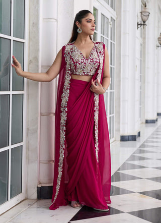 Anmol berry pink embellished sari and jacket set