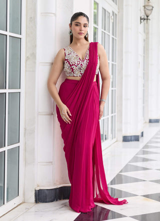 Anmol berry pink embellished sari and jacket set