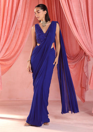 Seema Thukral-Anna Electric Blue Draped Sari And Blouse-INDIASPOPUP.COM