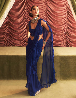 Mallika Electric Blue Pre-Draped Ruffle Sari And Blouse by Seema Thukral available on Indiaspopup.com