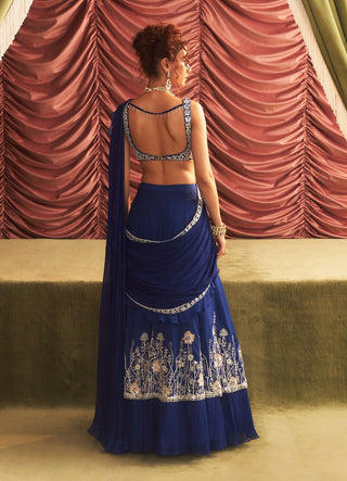 Jalebi Bai Electric Blue Pre-Draped Lehenga Sari Set by Seema Thukral available on Indiaspopup.com