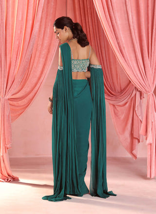 Seema Thukral-Adriana Emerald Green Draped Sari And Blouse-INDIASPOPUP.COM