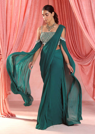 Seema Thukral-Adriana Emerald Green Draped Sari And Blouse-INDIASPOPUP.COM