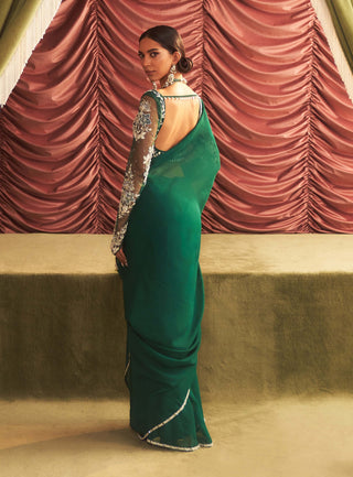 Anjali Emerald Green Organza Sari Set by Seema Thukral available on Indiaspopup.com