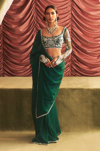 Anjali Emerald Green Organza Sari Set by Seema Thukral available on Indiaspopup.com