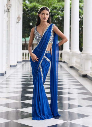 Alaya electric blue embellished sari and jacket set
