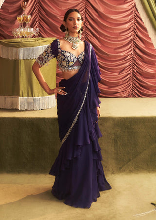 Pushpa purple pre-draped ruffle sari and blouse