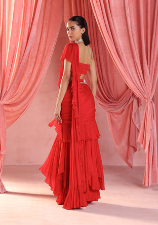 Seema Thukral-Zoe Red Stitched Ruffle Sari And Blouse-INDIASPOPUP.COM