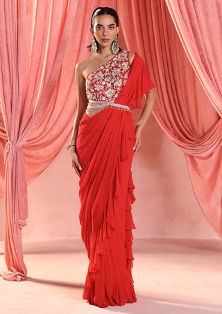 Seema Thukral-Amelia Red Stitched Ruffle Sari And Blouse-INDIASPOPUP.COM