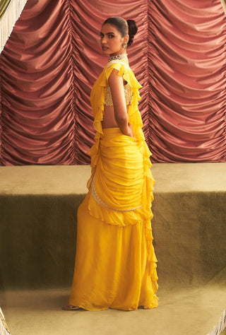 Chitra Yellow Pre-Draped Ruffle Sari And Blouse by Seema Thukral available on Indiaspopup.com