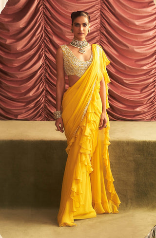 Chitra Yellow Pre-Draped Ruffle Sari And Blouse by Seema Thukral available on Indiaspopup.com