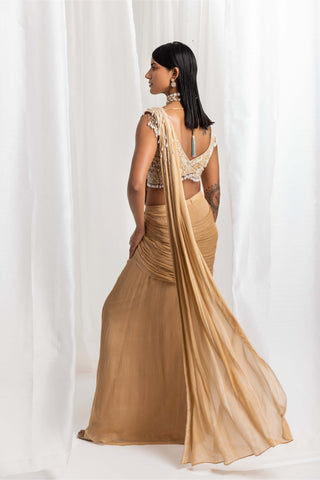 Seema Thukral-Dune Gold Pre-Draped Embellished Sari And Blouse-INDIASPOPUP.COM