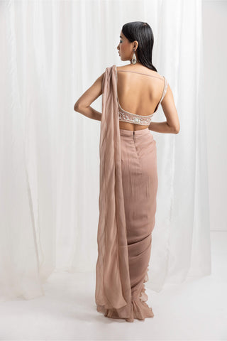 Seema Thukral-Dusty Pink Pre-Draped Embellished Sari And Blouse-INDIASPOPUP.COM