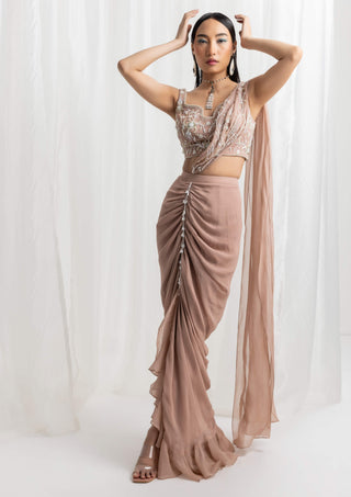 Seema Thukral-Dusty Pink Pre-Draped Embellished Sari And Blouse-INDIASPOPUP.COM