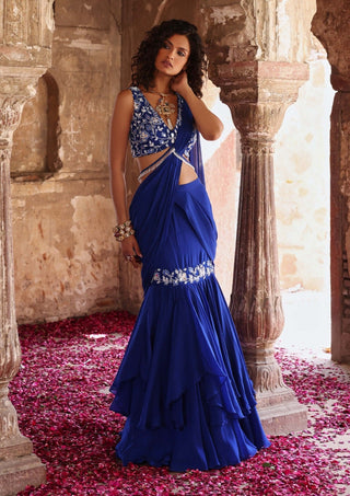 Seema Thukral-Ayesha Electric Blue Asymmetric Sari And Blouse-INDIASPOPUP.COM