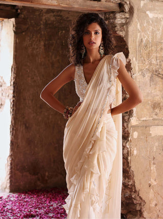 Seema Thukral-Anima Ivory Draped Ruffle Sari And Blouse-INDIASPOPUP.COM