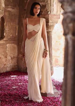 Seema Thukral-Isha Ivory Draped Sari And Blouse-INDIASPOPUP.COM