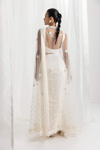 Seema Thukral-Ivory Pre-Draped Embellished Sari And Cape Set-INDIASPOPUP.COM