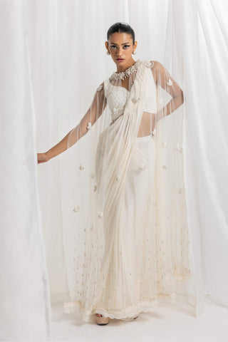 Seema Thukral-Ivory Pre-Draped Embellished Sari And Cape Set-INDIASPOPUP.COM