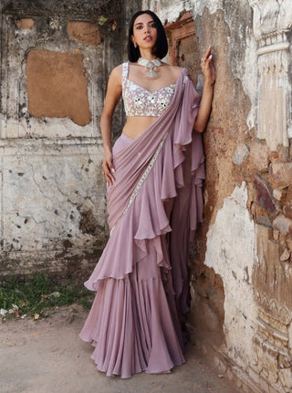 Seema Thukral-Niharika Lilac Draped Ruffle Sari And Blouse-INDIASPOPUP.COM