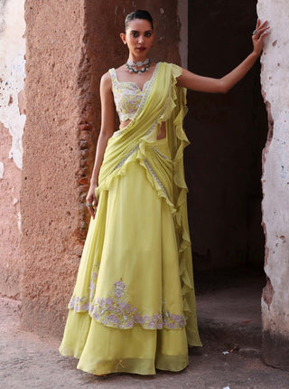 Seema Thukral-Jinal Neon Green Lehenga Sari And Blouse-INDIASPOPUP.COM