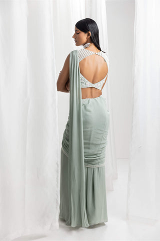 Seema Thukral-Sage Green Pre-Draped Embellished Sari And Blouse-INDIASPOPUP.COM