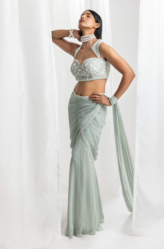 Seema Thukral-Sage Green Pre-Draped Embellished Sari And Blouse-INDIASPOPUP.COM