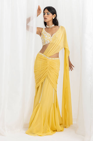 Seema Thukral-Yellow Pre-Draped Embellished Sari And Blouse-INDIASPOPUP.COM