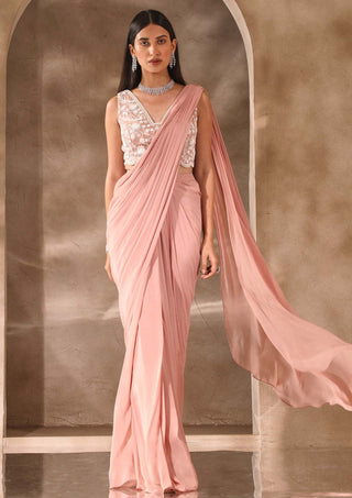 Seema Thukral-Dusty Pink Draped Sari And Blouse-INDIASPOPUP.COM