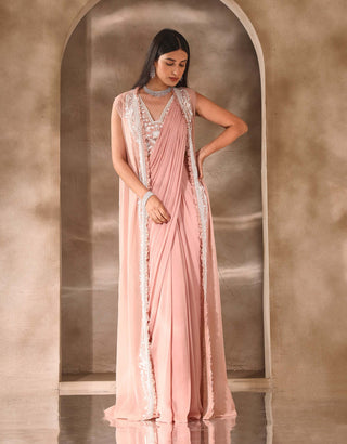 Seema Thukral-Dusty Pink Draped Sari And Jacket Set-INDIASPOPUP.COM