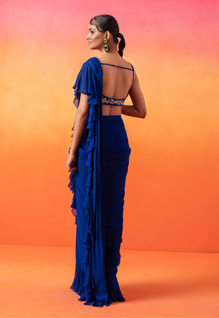 Seema Thukral-Electric Blue Ruffle Sari And Blouse-INDIASPOPUP.COM