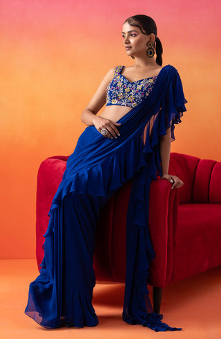 Seema Thukral-Electric Blue Ruffle Sari And Blouse-INDIASPOPUP.COM