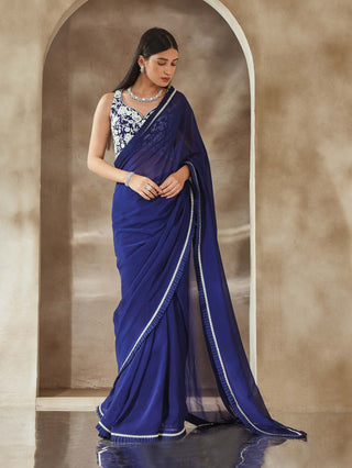 Seema Thukral-Electric Blue Embellished Sari Set-INDIASPOPUP.COM